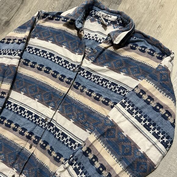 Vintage Kikimo Nepalese Woven Knit Blue Aztec Nepal Button Shirt Men's Large - Picture 3 of 5